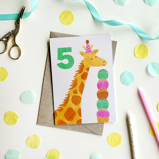 Age 5 Giraffe Birthday Card - Kids Cute 5th Milestone Party