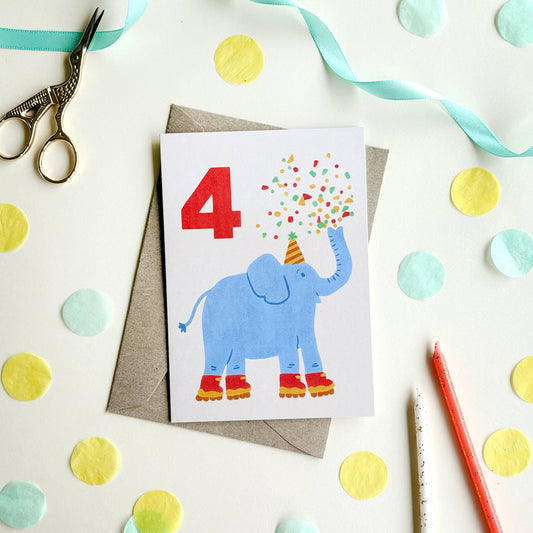 Age 4 Elephant Birthday Card - Kids Cute 4th Milestone