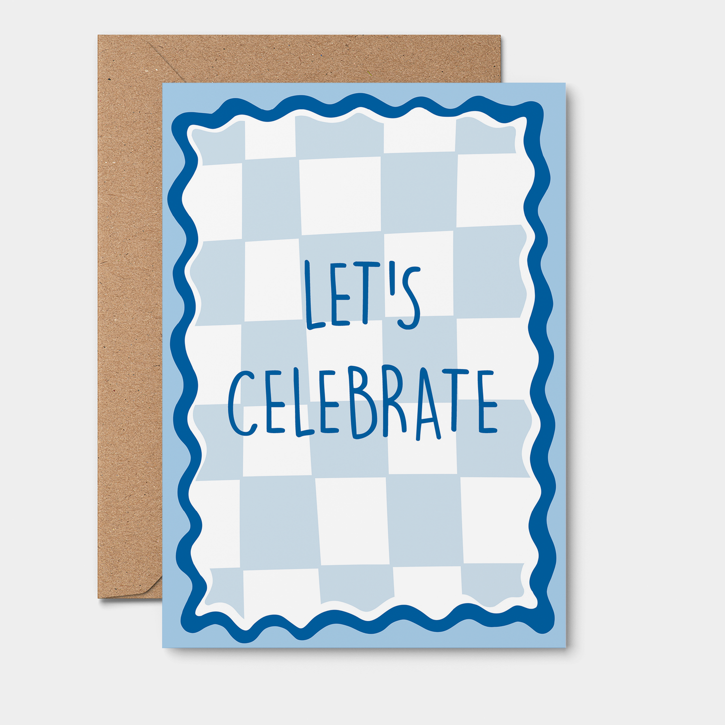Let’s Celebrate greeting card: Blue Wavy Checkers