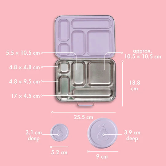 Nudie Rudie Five Compartment Leakproof Stainless Steel Lunch Box (Soft lilac seal and lids)