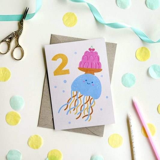 Age 2 Jellyfish Birthday Card - Kids Cute Milestone 2nd Bday