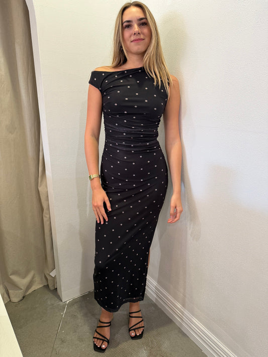 Hallie Ruched Dress in Midnight Spot