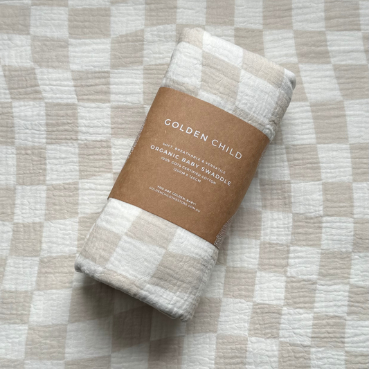Wavy Baby Checked Organic Cotton Baby Swaddle - Stone