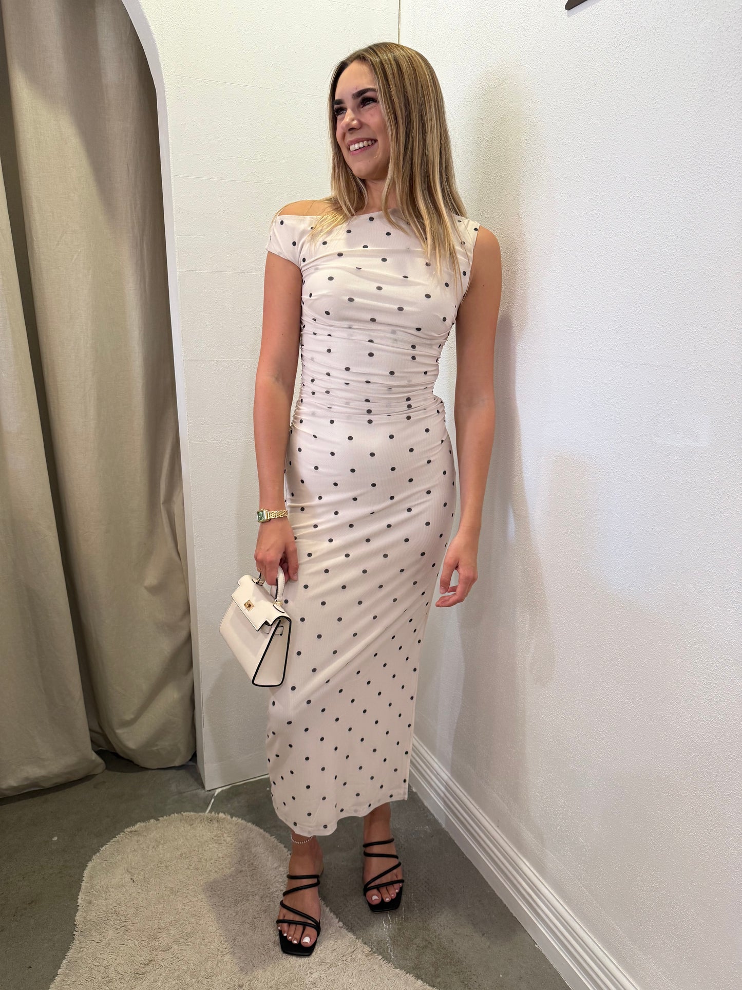 Hallie Ruched Dress in Beige Spot