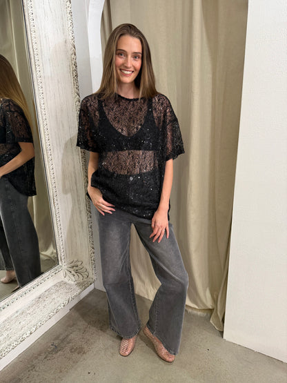 NOEMI LACE TEE - BLACK