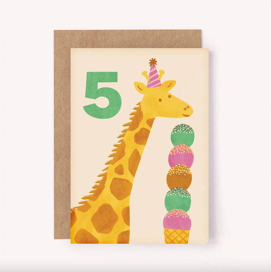 Age 5 Giraffe Birthday Card - Kids Cute 5th Milestone Party