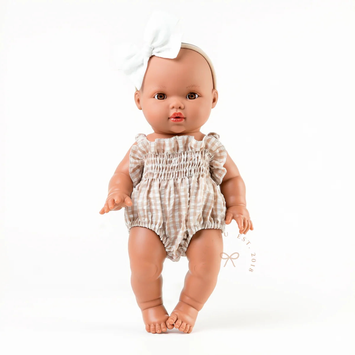 Olivia Smock Bubble Doll Romper fits 34-38cm Dolls - Gingham Beige