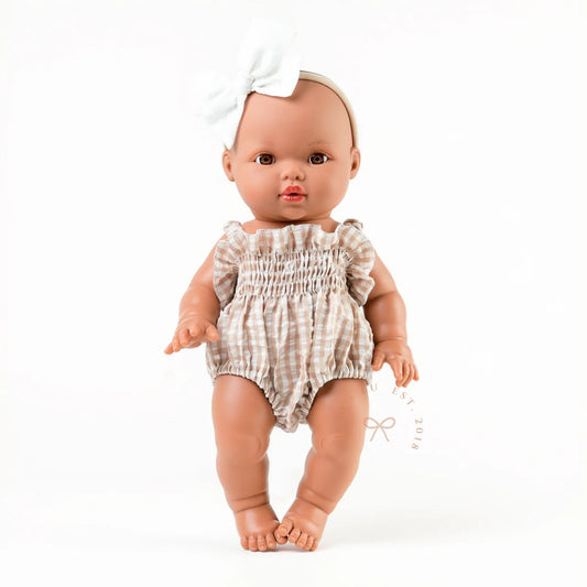 Olivia Smock Bubble Doll Romper fits 34-38cm Dolls - Gingham Beige