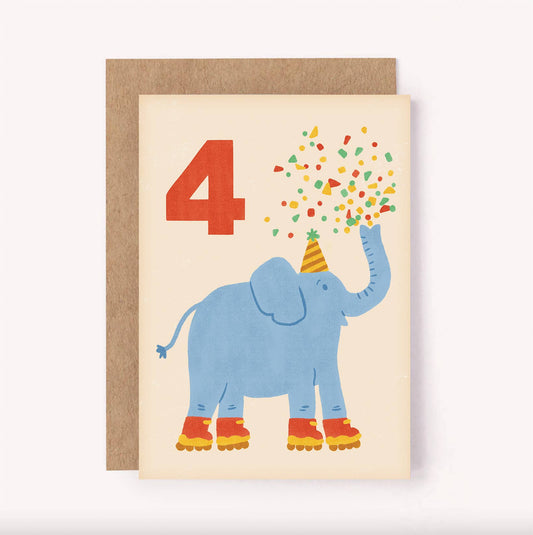 Age 4 Elephant Birthday Card - Kids Cute 4th Milestone