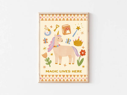 Magic Lives Here Print - Unicorn Magical Fairy Art Kids : A4