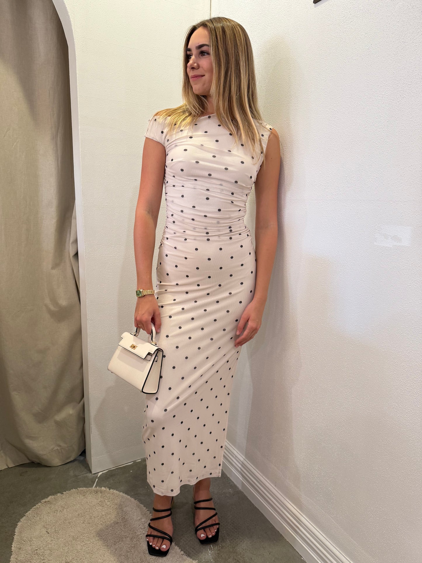 Hallie Ruched Dress in Beige Spot