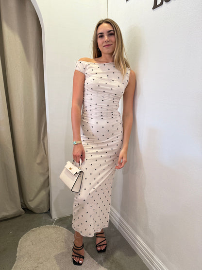 Hallie Ruched Dress in Beige Spot