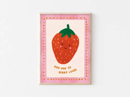 Berry Loved Strawberry Print - Kids Modern Art Gift Decor: A4