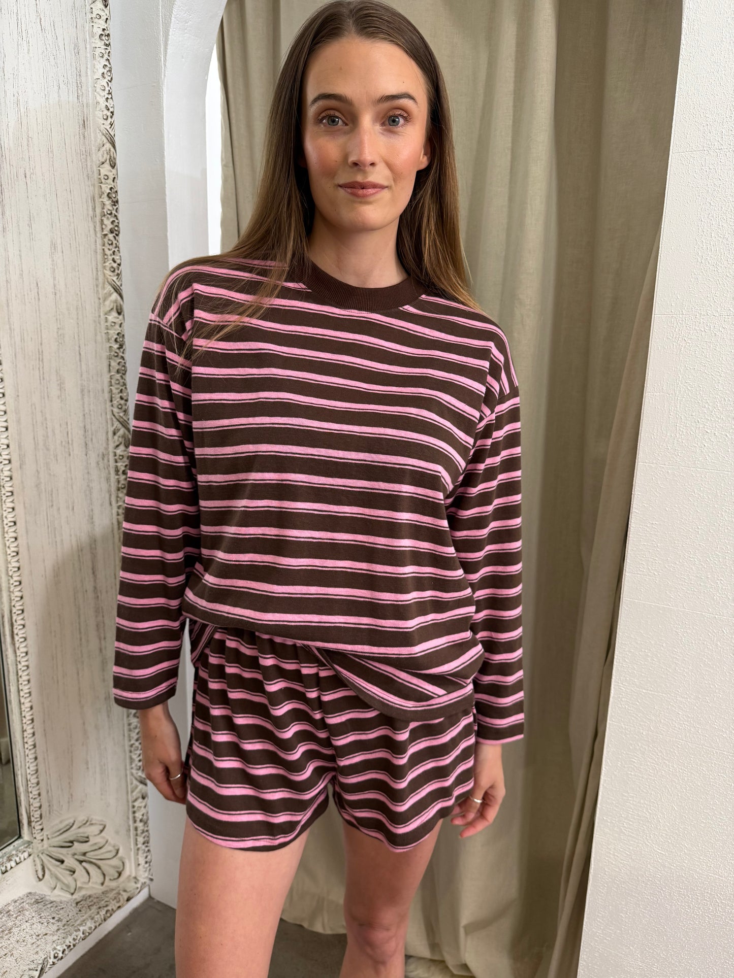 JUDE STRIPE LOUNGE SET - COCOA & PINK