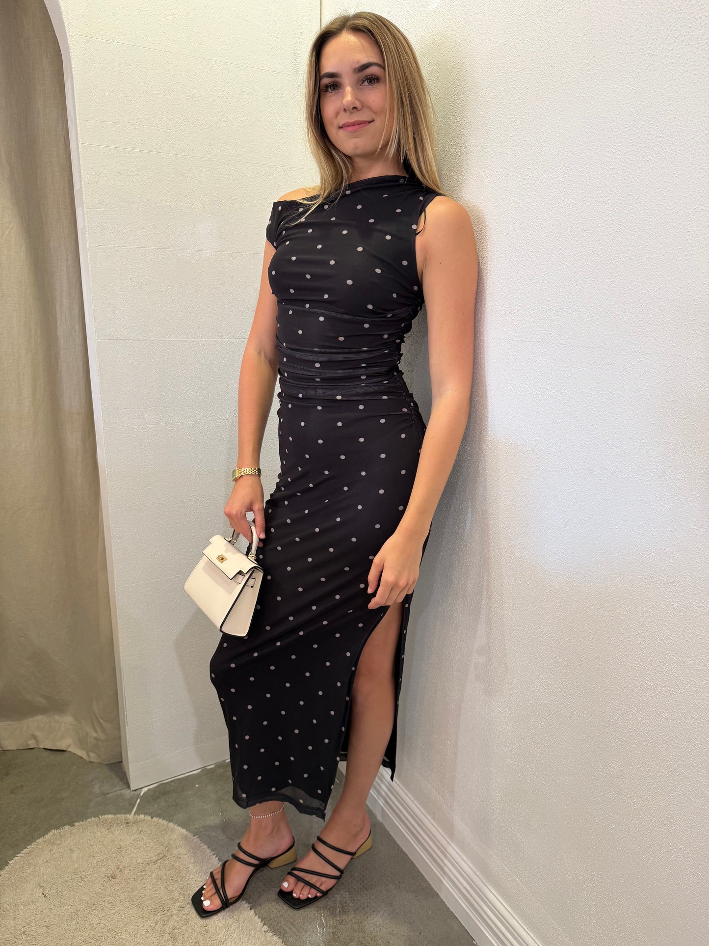 Hallie Ruched Dress in Midnight Spot