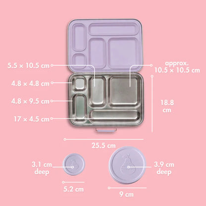 Nudie Rudie Five Compartment Leakproof Stainless Steel Lunch Box (Soft lilac seal and lids)