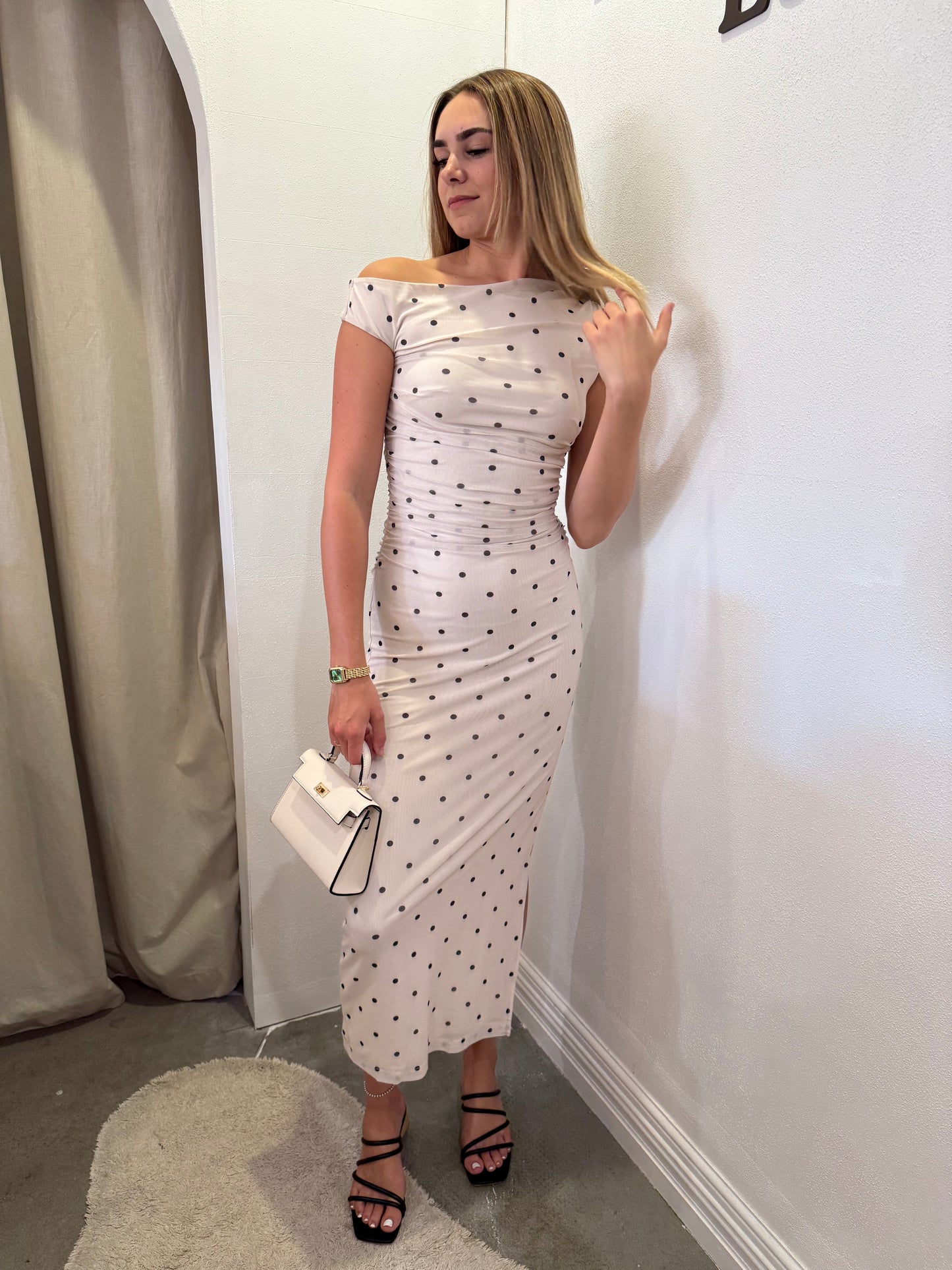 Hallie Ruched Dress in Beige Spot