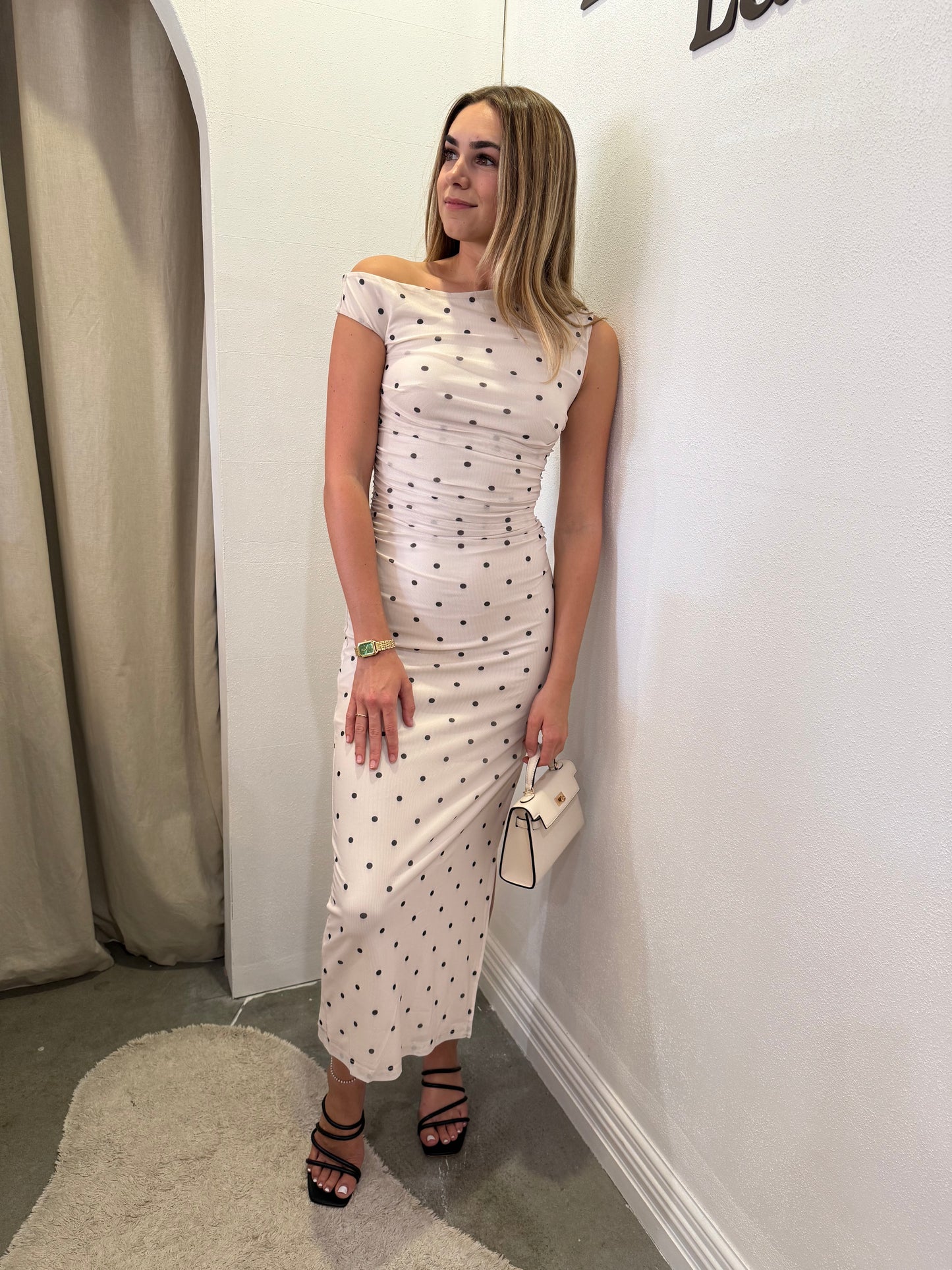 Hallie Ruched Dress in Beige Spot