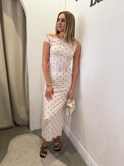 Hallie Ruched Dress in Beige Spot