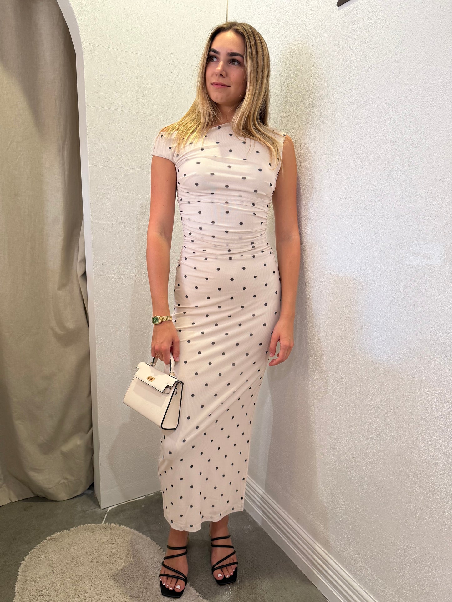 Hallie Ruched Dress in Beige Spot