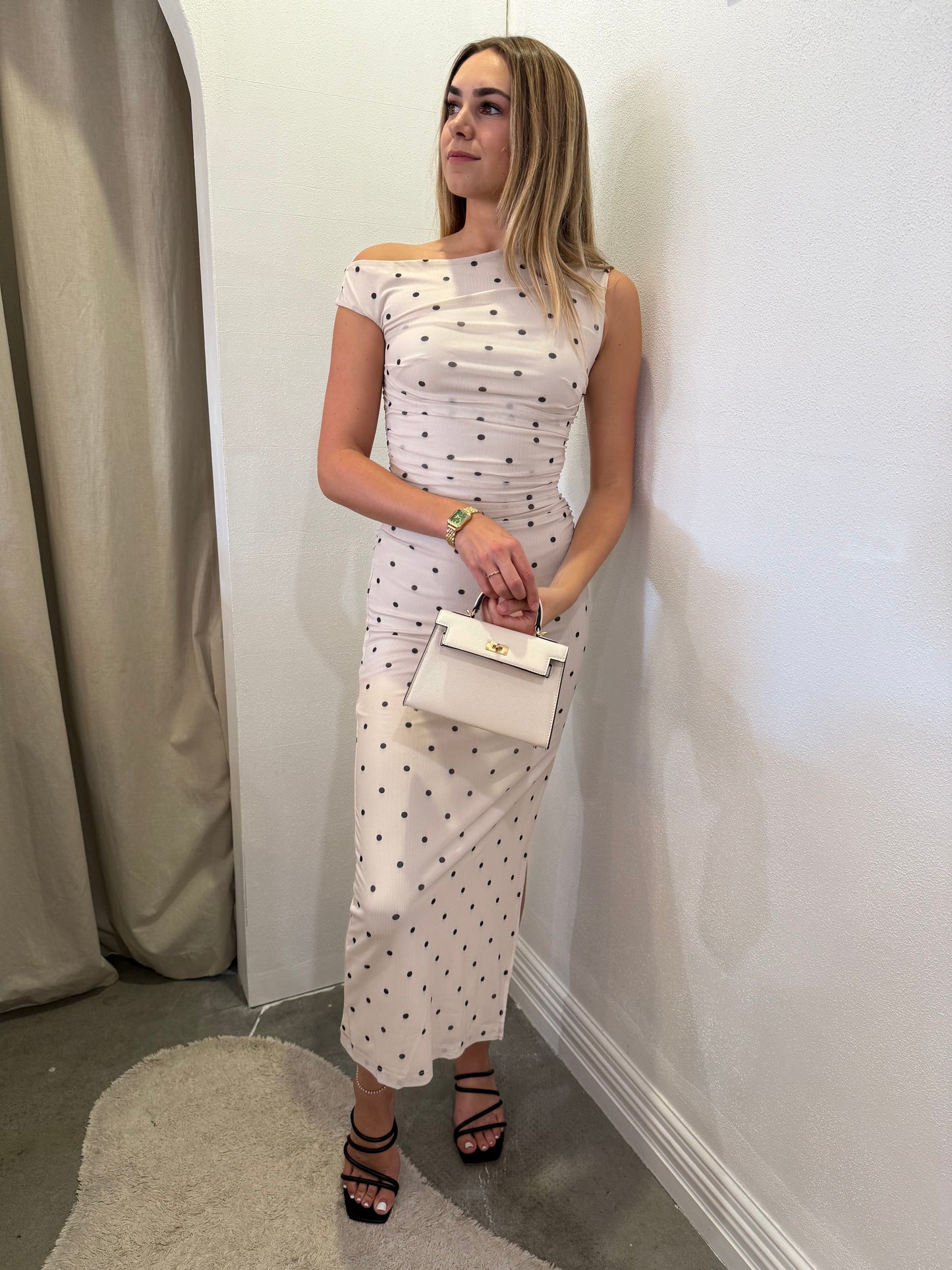 Hallie Ruched Dress in Beige Spot