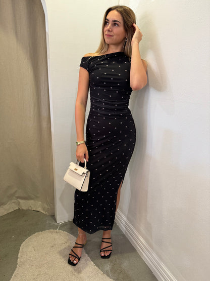 Hallie Ruched Dress in Midnight Spot