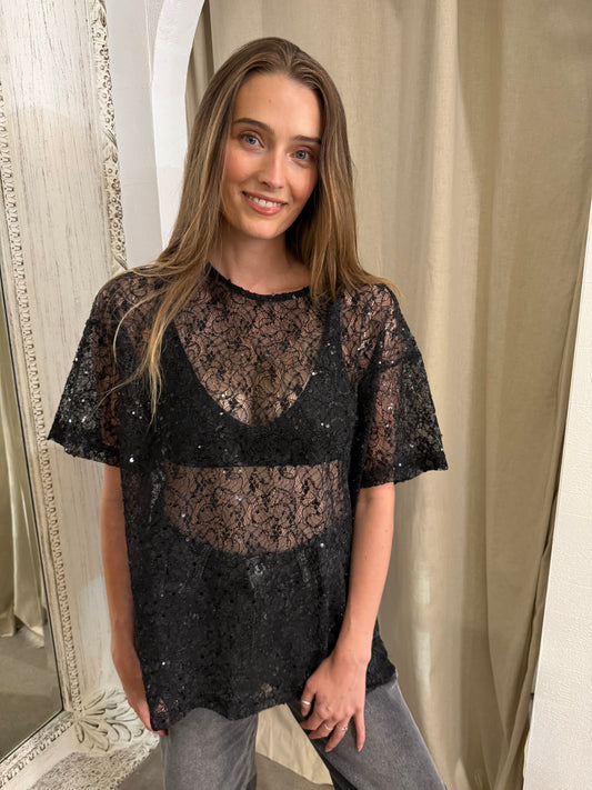 NOEMI LACE TEE - BLACK