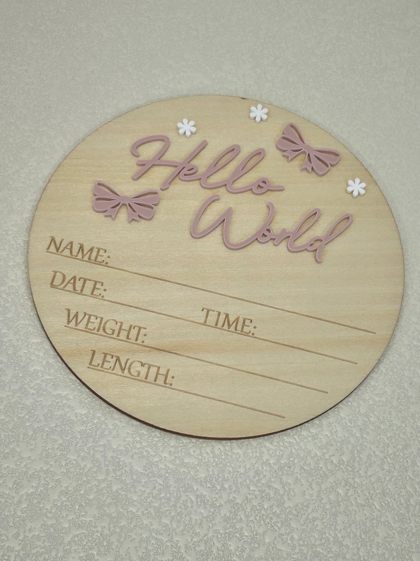 Hello World Birth Announcement Disc – Blush Bow