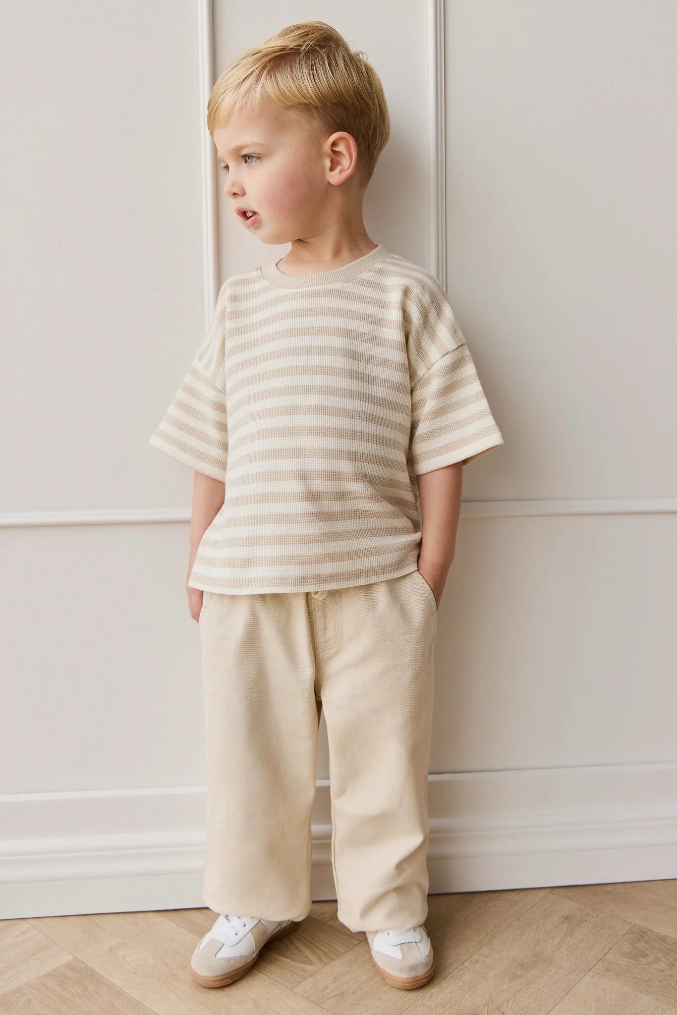 Organic Cotton Waffle Leith Tee - Staple Stripe Oat/Cloud