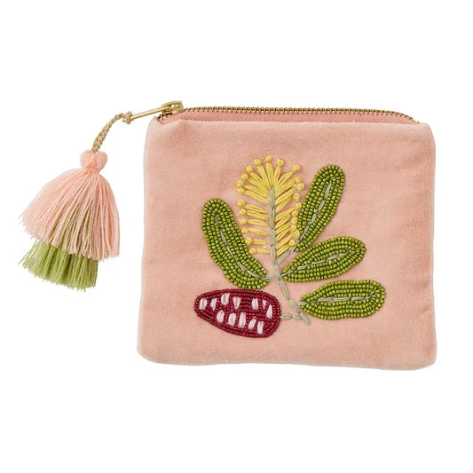 Banksia Embroidered Velvet Pouch - Pink