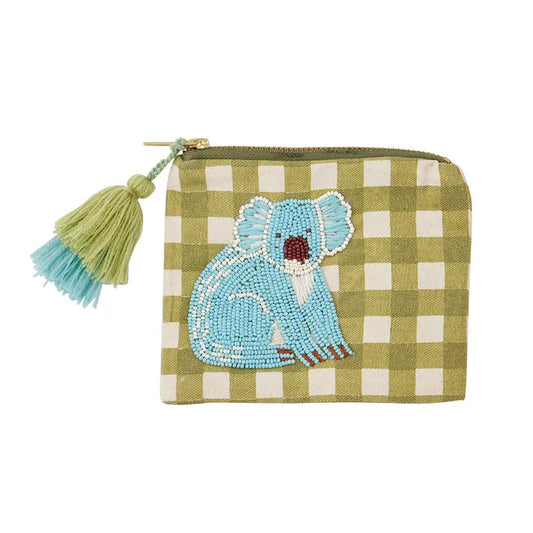 Blinky Koala Embroidered Cotton Pouch - Olive