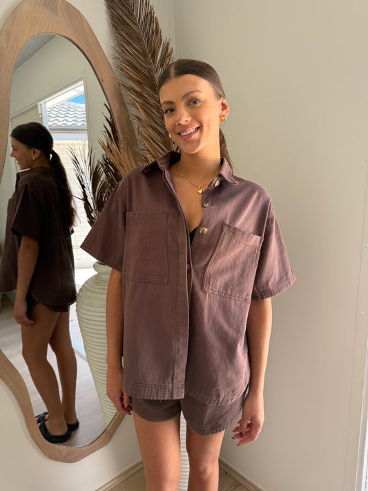 DEMI DENIM SHIRT AND SHORT SET - CHOCOLATE