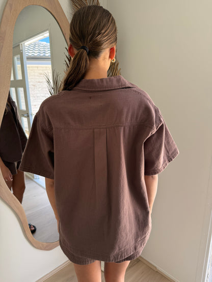 DEMI DENIM SHIRT AND SHORT SET - CHOCOLATE