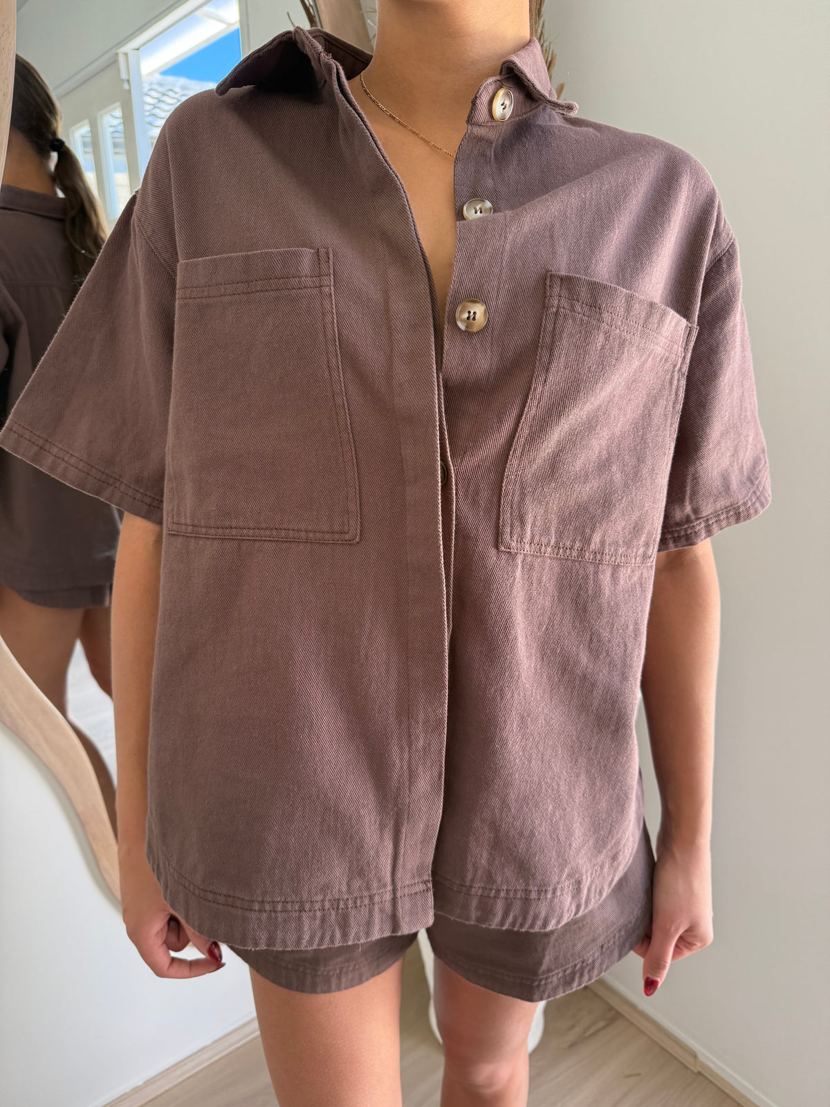 DEMI DENIM SHIRT AND SHORT SET - CHOCOLATE