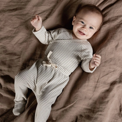 Long Sleeve Kimono Bodysuit - Mushroom Pinstripe