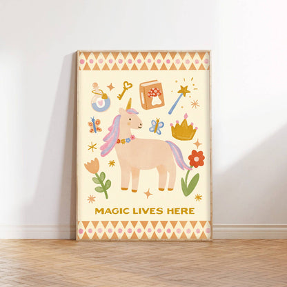 Magic Lives Here Print - Unicorn Magical Fairy Art Kids : A3