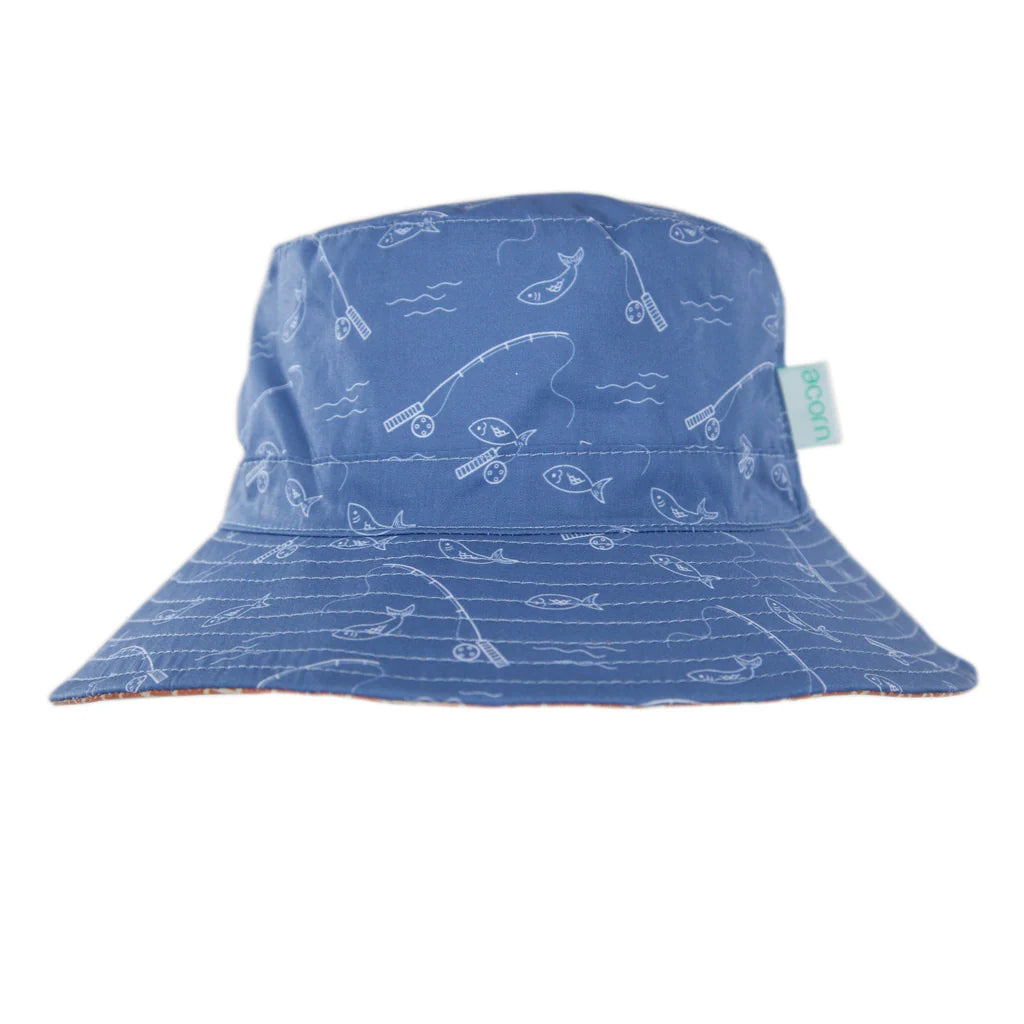 Gone Fishing Wide Brim Swim Bucket Hat - Blue & White
