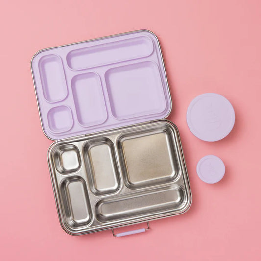Nudie Rudie Five Compartment Leakproof Stainless Steel Lunch Box (Soft lilac seal and lids)